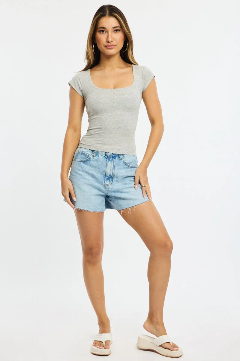 Grey Square Neck T-shirt Cap Sleeve - Image 2