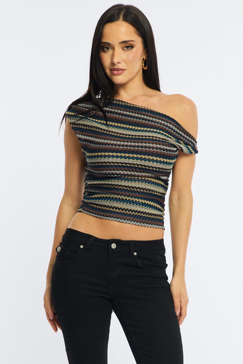 Grey Stripe Asymmetric Top Sleeveless One Shoulder Textured
