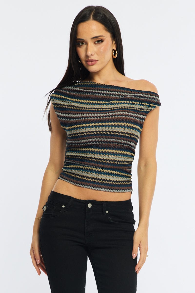 Grey Stripe Asymmetric Top Sleeveless One Shoulder Textured - Image 3