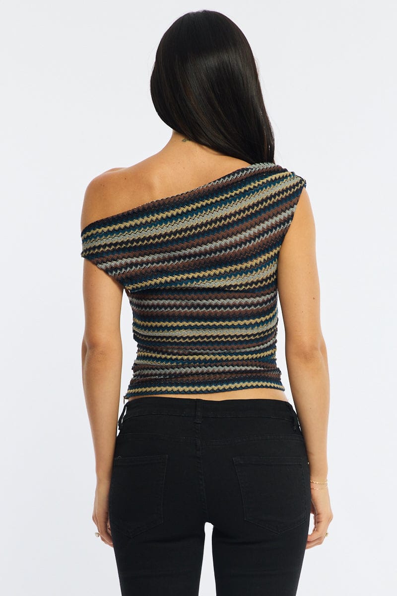Grey Stripe Asymmetric Top Sleeveless One Shoulder Textured - Image 5