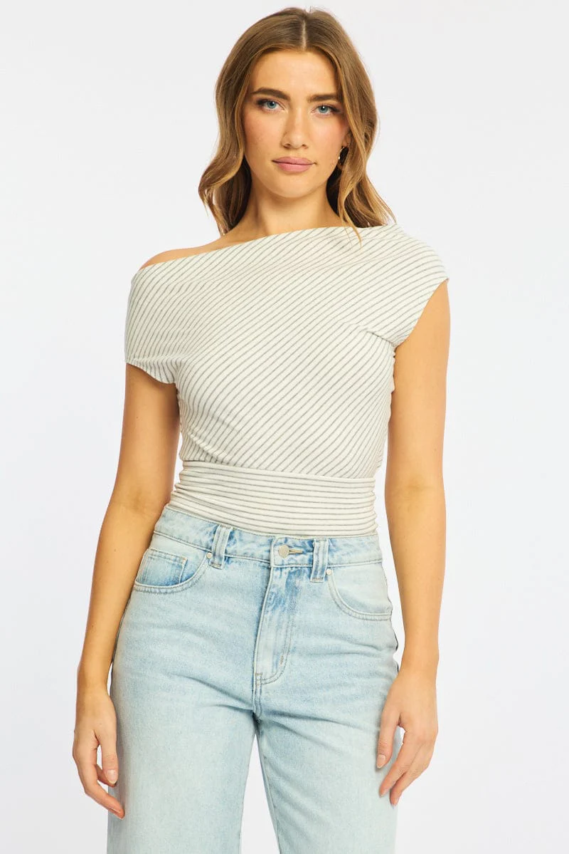 Grey Stripe One Shoulder Top