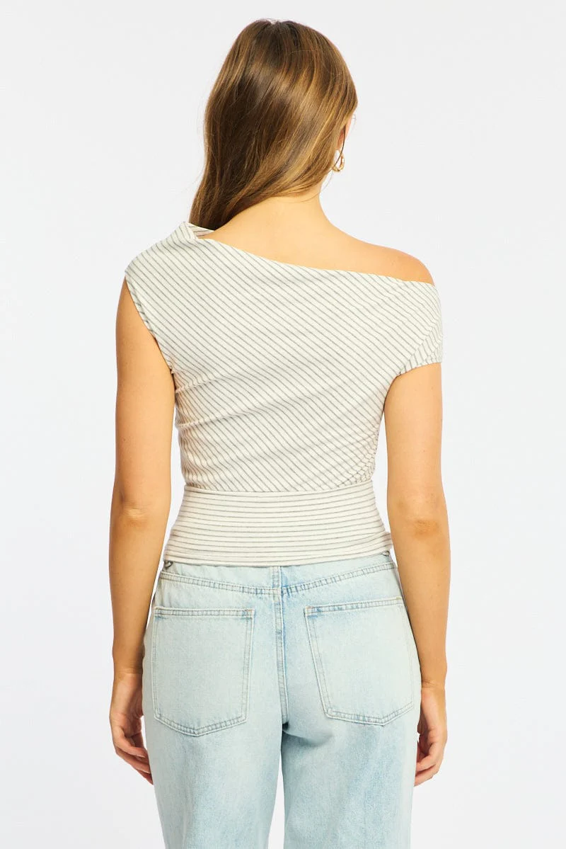Grey Stripe One Shoulder Top - Image 5