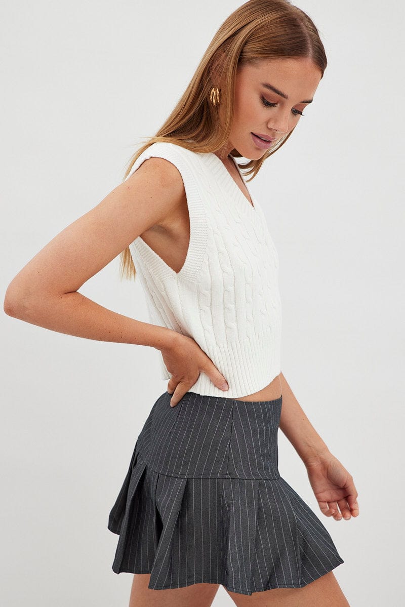 Grey Stripe Tennis Skirt Low Rise Mini Pleated Lined - Image 4