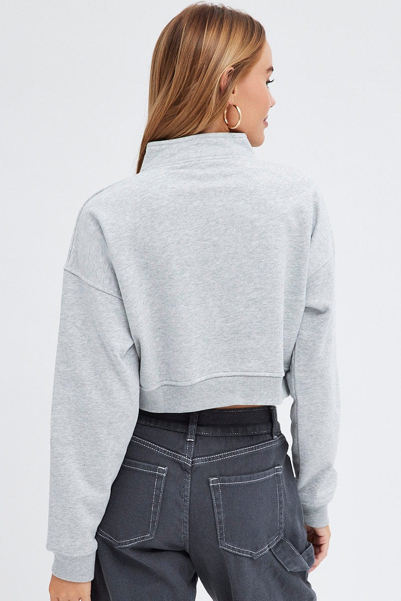 Grey Sweater Crop Half Zip Long Sleeve - Image 5