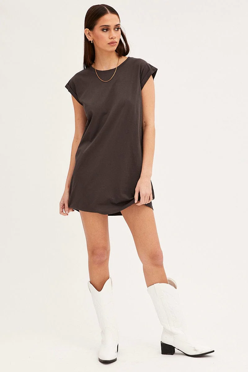 Grey T-Shirt Dress Crew Short Sleeve Graphic - Image 2