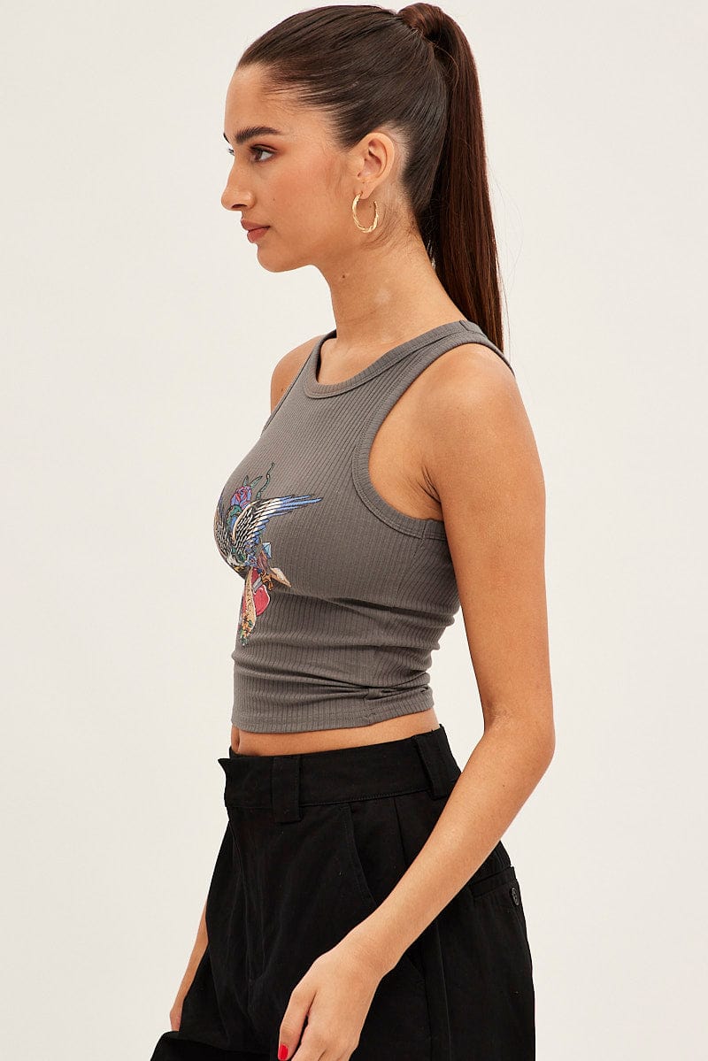 Grey Tank Sleeveless Crew Neck Rib Eagle Graphic - Image 4