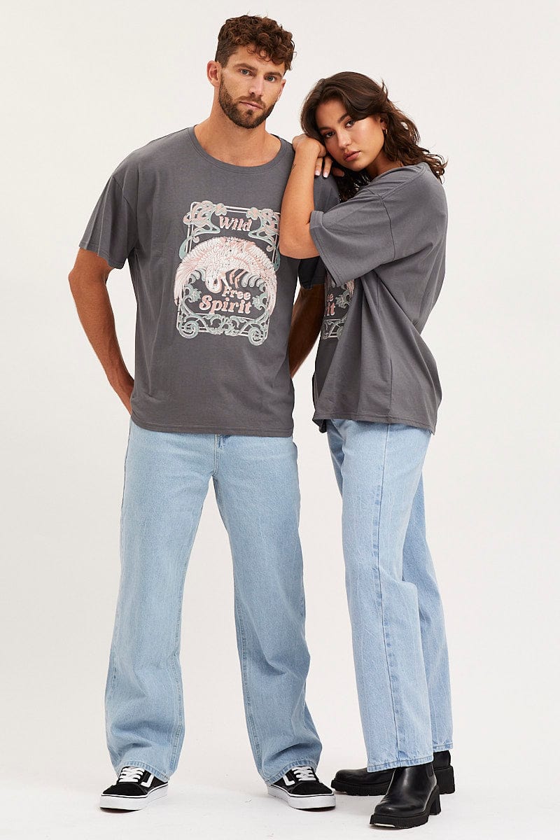 Grey Unisex T-Shirt Short Sleeve Oversized Crew Neck
