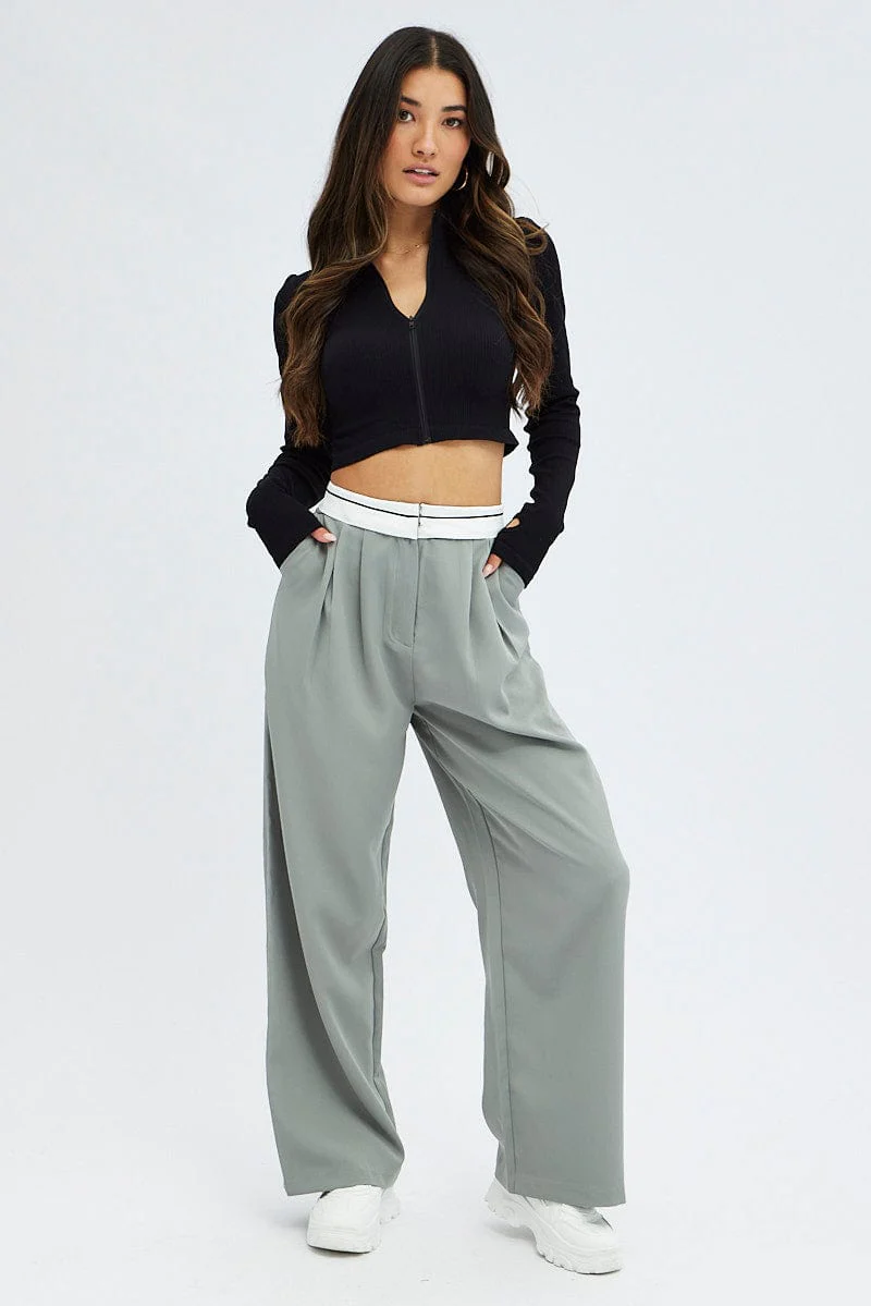 Grey Wide Leg Pants Turn Down Waist Low Rise - Image 3