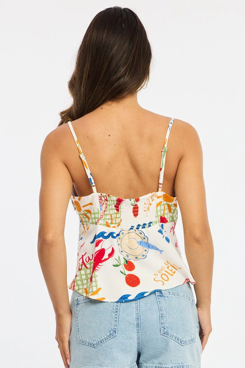 Multi Abstract Cami Top Sleeveless Tie Front - Image 4