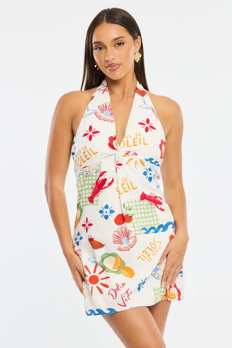 Multi Abstract Halter Neck Dress Mini - Image 2