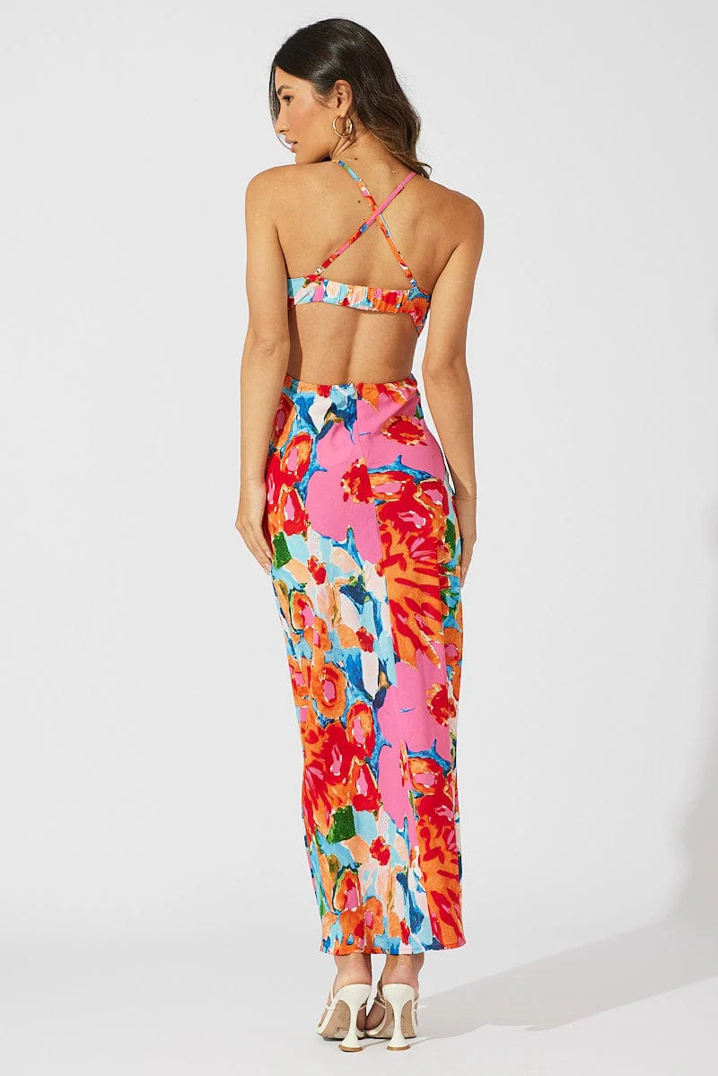 Multi Abstract Maxi Dress Abstract Floral Strappy Cut Out - Image 2