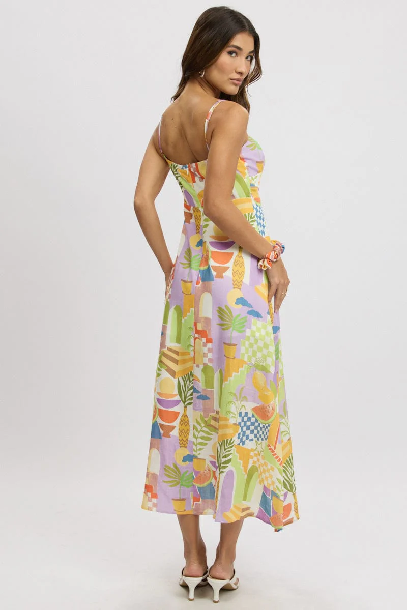 Multi Abstract Midi Dress Gathered Bust - Image 5