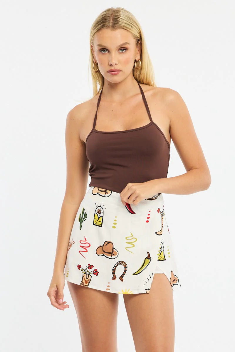 Multi Abstract Mini Skort High Rise Linen Blend Lined