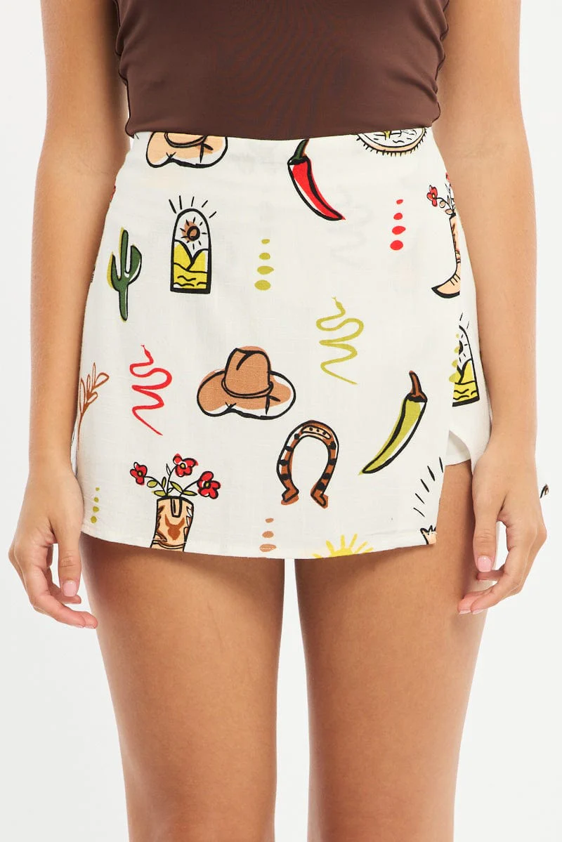 Multi Abstract Mini Skort High Rise Linen Blend Lined - Image 2