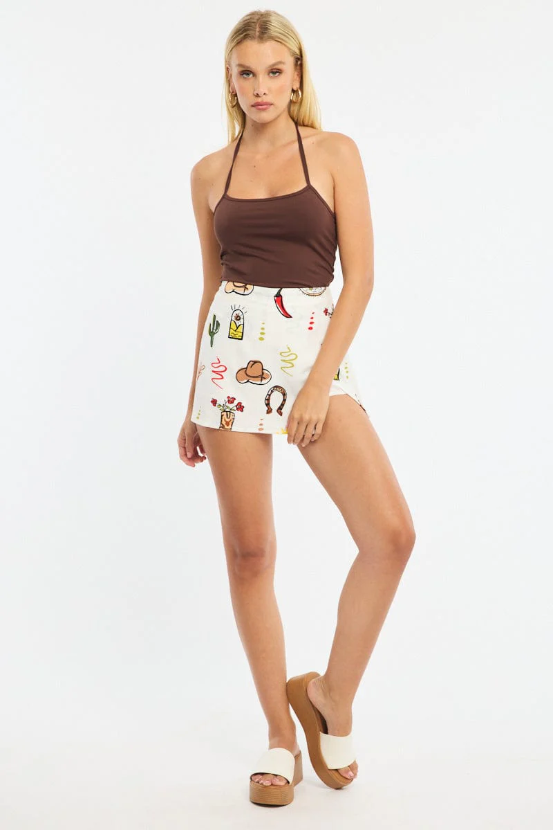 Multi Abstract Mini Skort High Rise Linen Blend Lined - Image 3