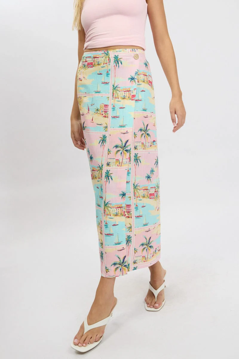 Multi Abstract Wrap Skirt High Waisted Midaxi - Image 3
