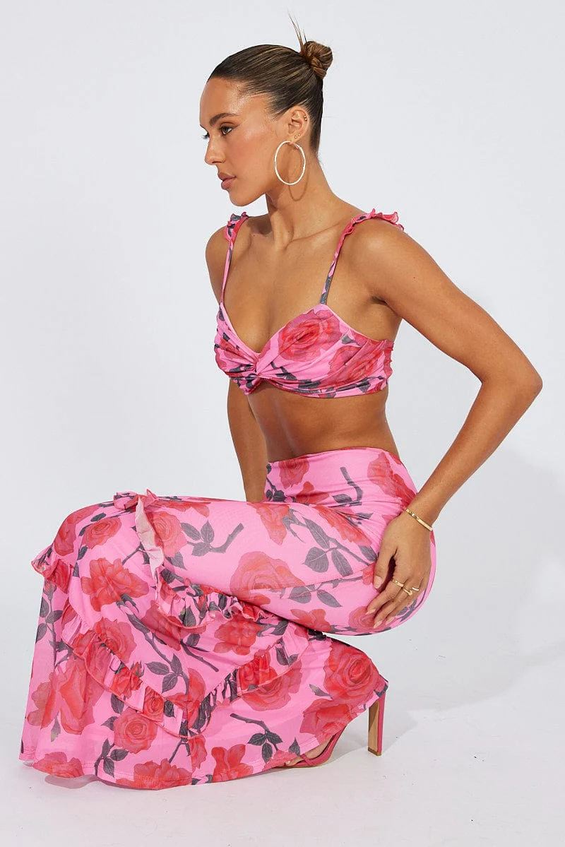 Multi Floral Bralette Crop Top Ruffle Shoulder Gathered - Image 2