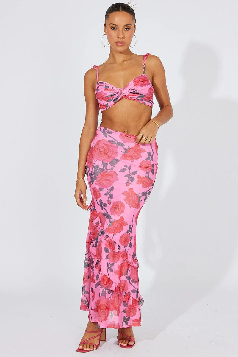 Multi Floral Bralette Crop Top Ruffle Shoulder Gathered - Image 3