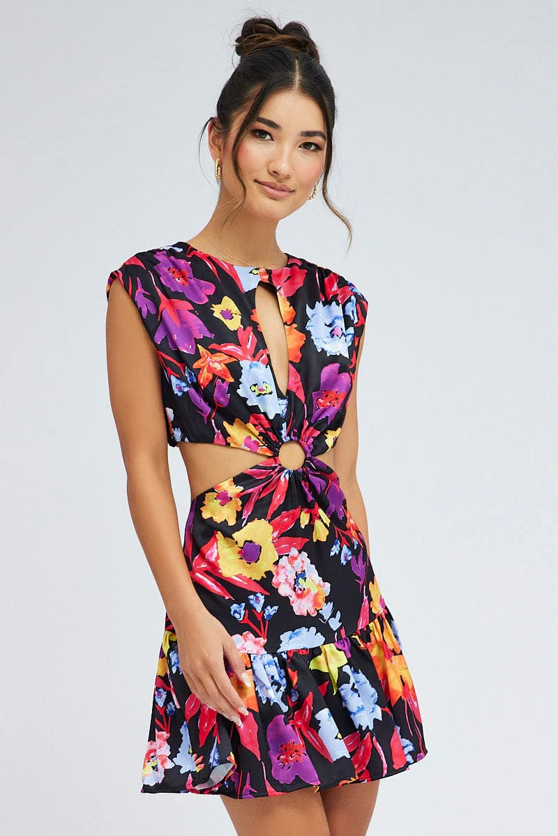 Multi Floral Bright Floral Ring Detail Keyhole Dress - Image 3