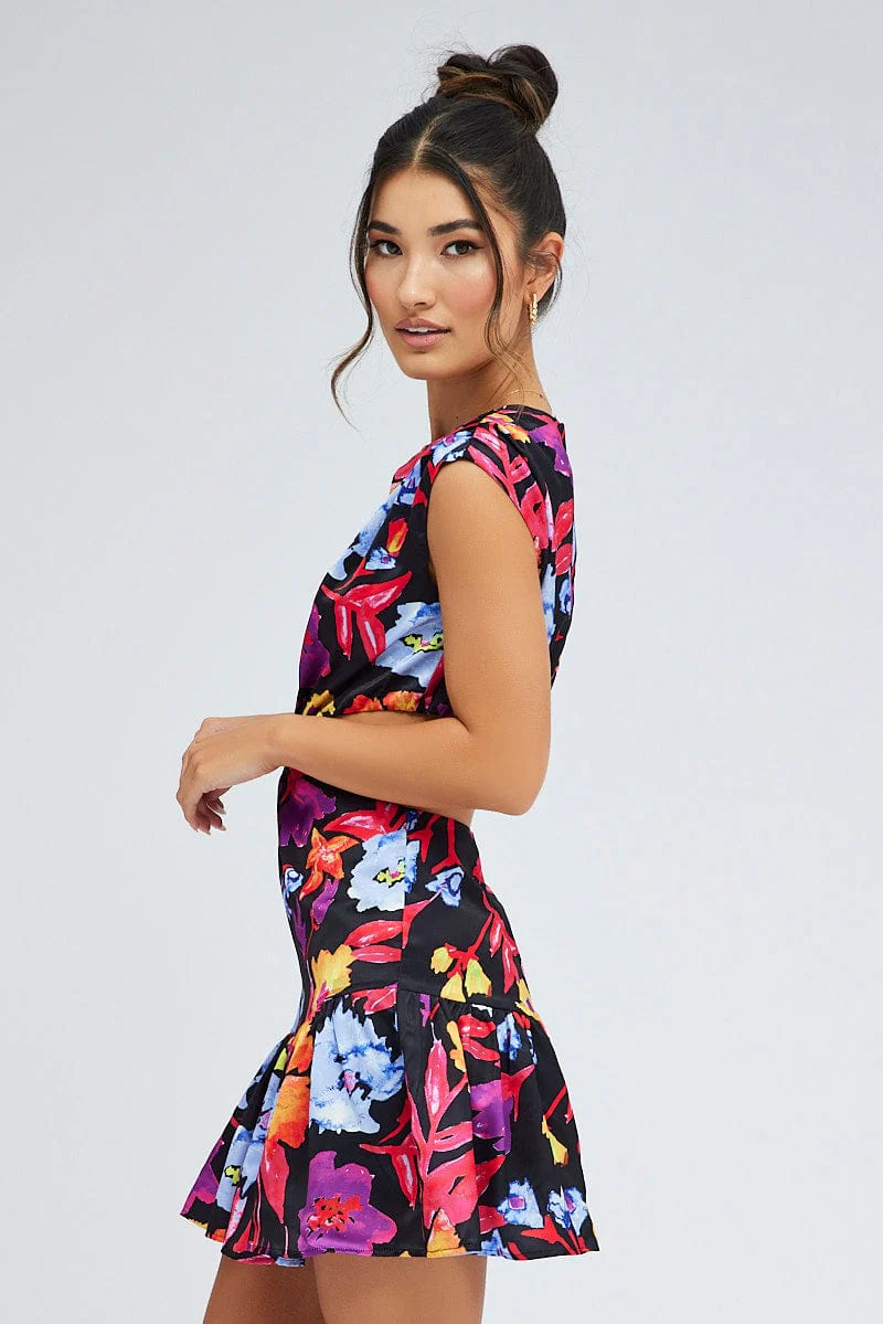 Multi Floral Bright Floral Ring Detail Keyhole Dress - Image 4