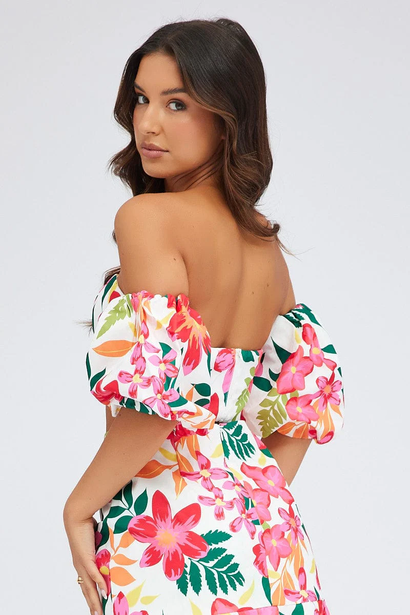 Multi Floral Crop Top Balloon Sleeve Corset Top - Image 5