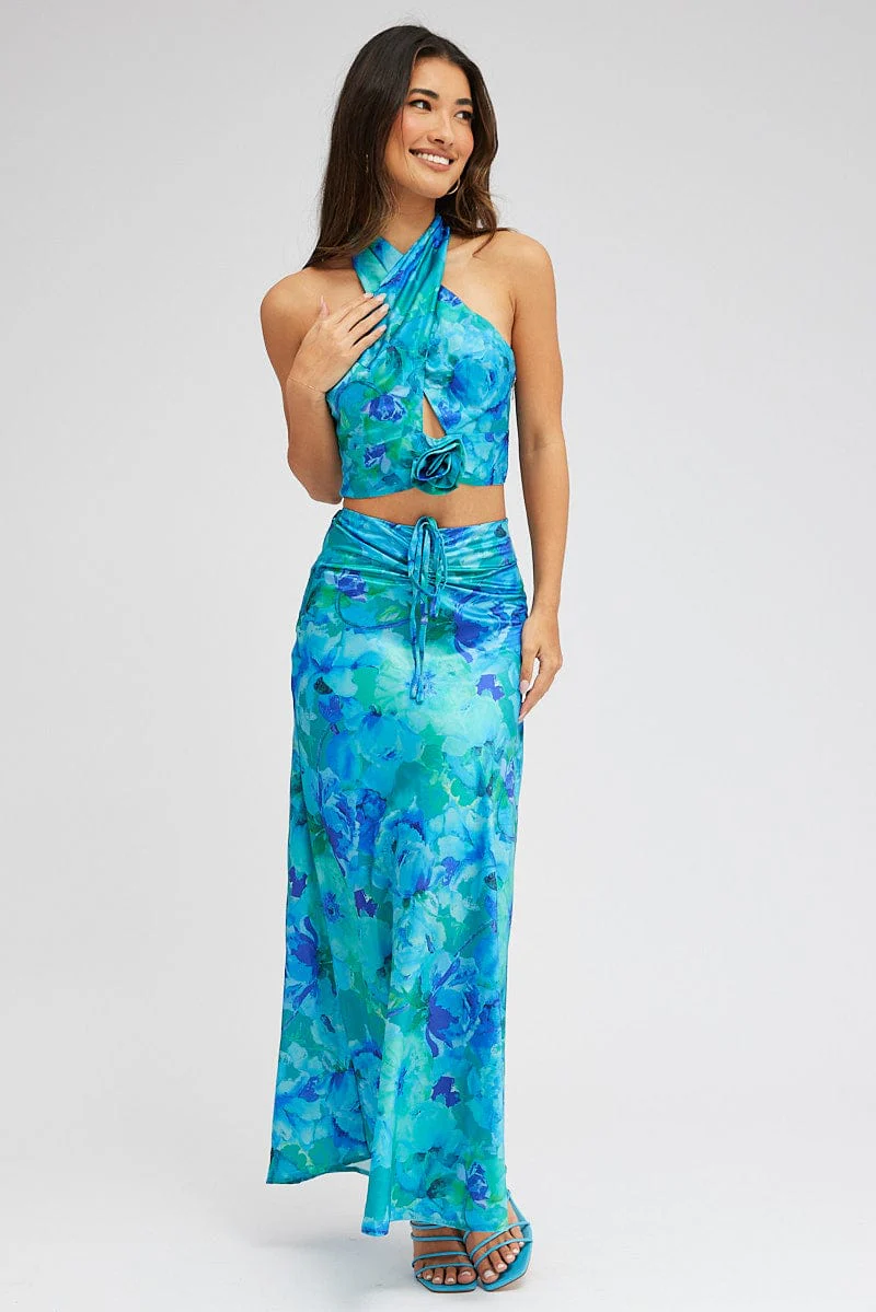 Multi Floral Halter Crop Top Rosette Flower Detail Keyhole - Image 3