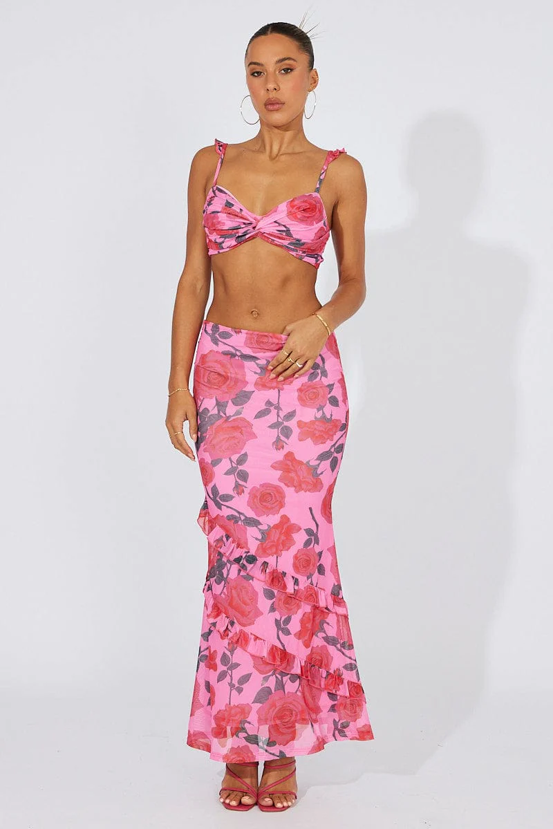 Multi Floral Maxi Skirt Mesh Asymmetric Ruffle - Image 2
