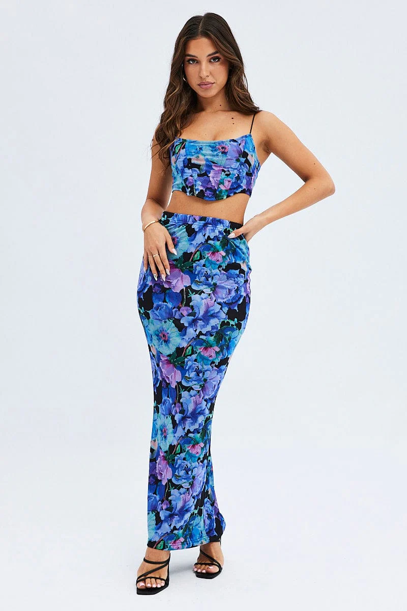 Multi Floral Mesh Maxi Bodycon Tube Skirt - Image 3