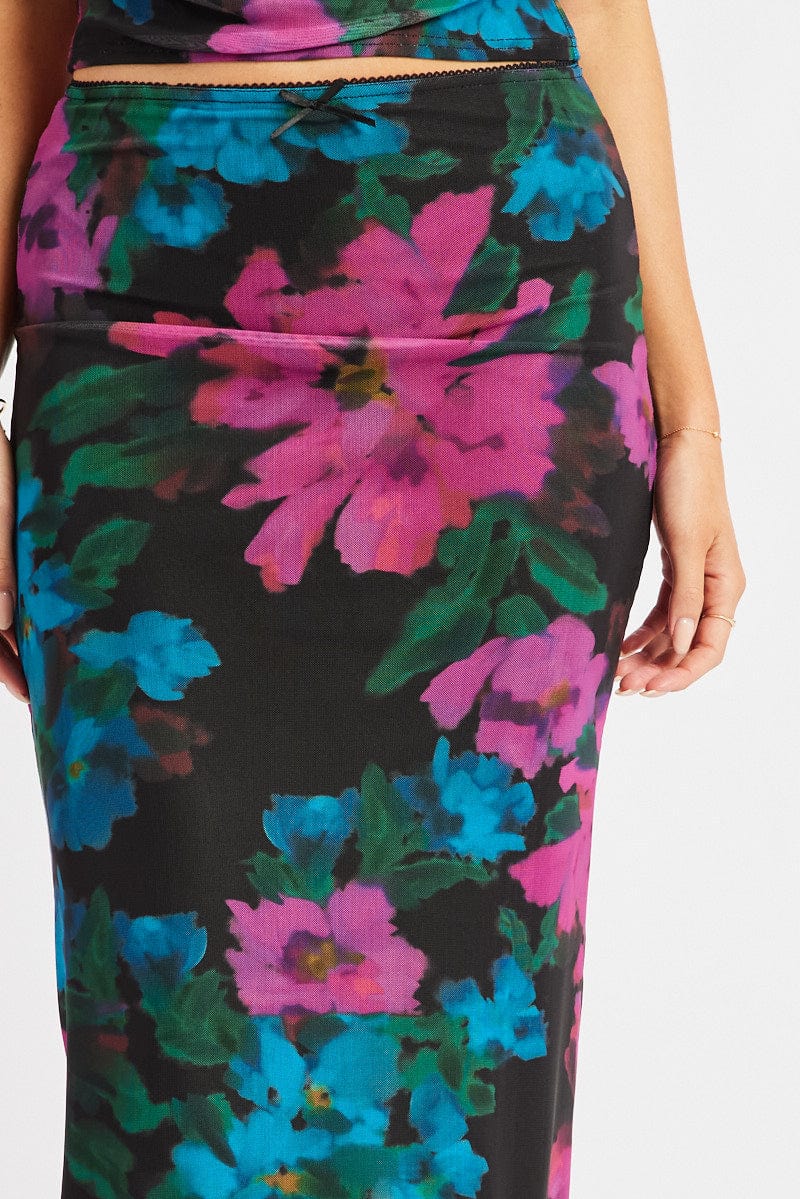 Multi Floral Mesh Skirt Elasticated Picot Trim Midaxi - Image 6