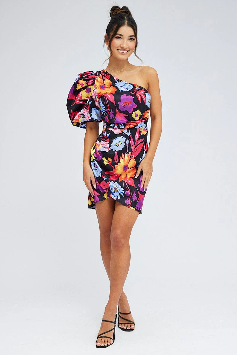 Multi Floral One Shoulder Puff Sleeve Statement Mini Dress - Image 2