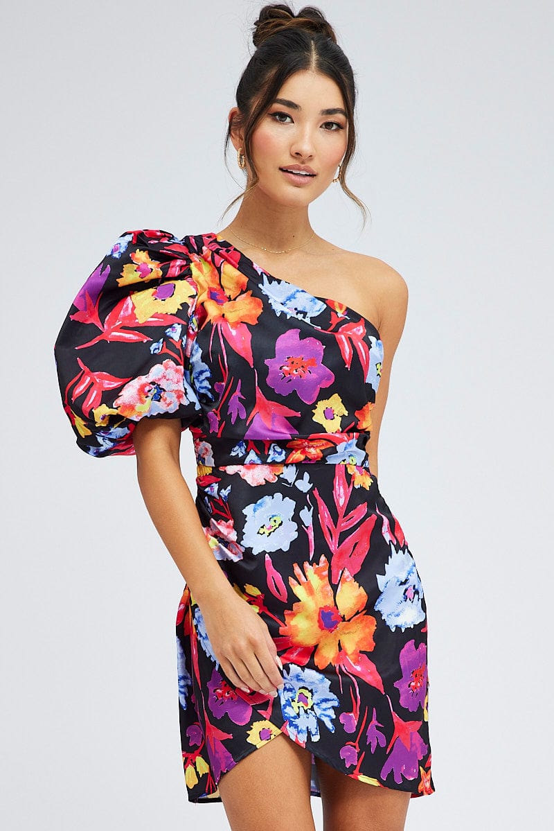 Multi Floral One Shoulder Puff Sleeve Statement Mini Dress - Image 3