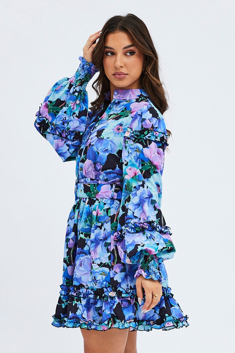 Multi Floral Ruffle Balloon Sleeve Button Skater Dress - Image 4