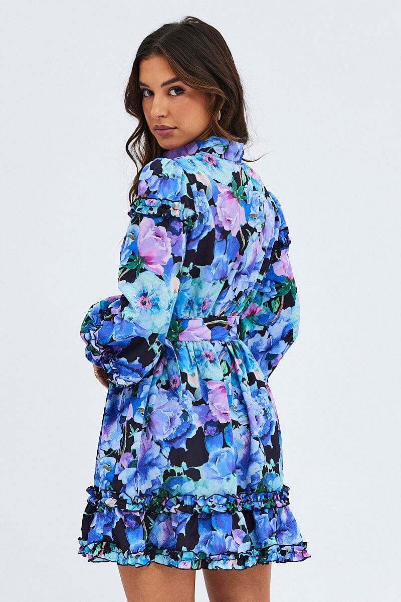 Multi Floral Ruffle Balloon Sleeve Button Skater Dress - Image 5