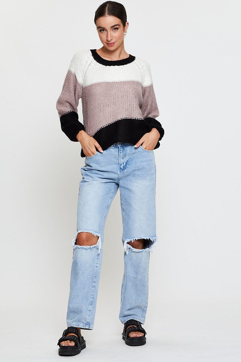 Multi Knit Top Long Sleeve Relaxed Colour Block - Image 2