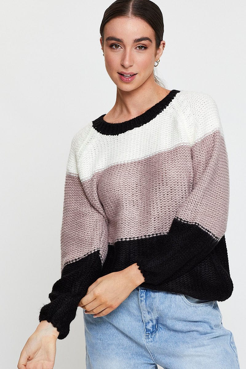 Multi Knit Top Long Sleeve Relaxed Colour Block - Image 3