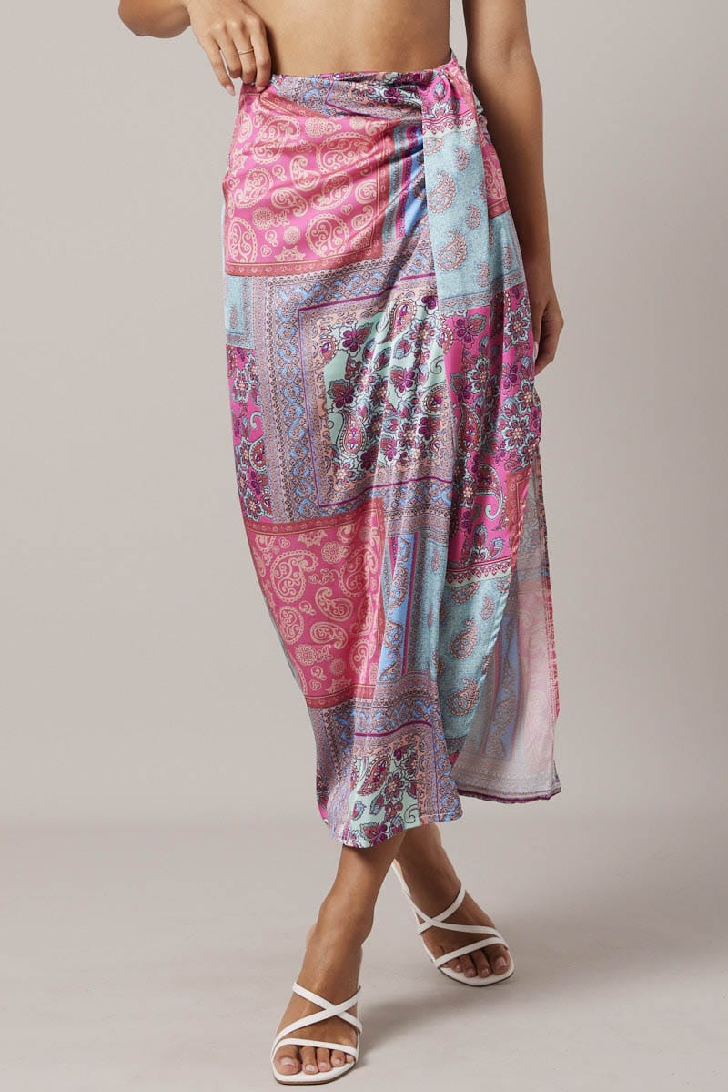 Multi Paisley Scarf Maxi Skirt Gathered Wrap Paisley Satin Skirt - Image 3