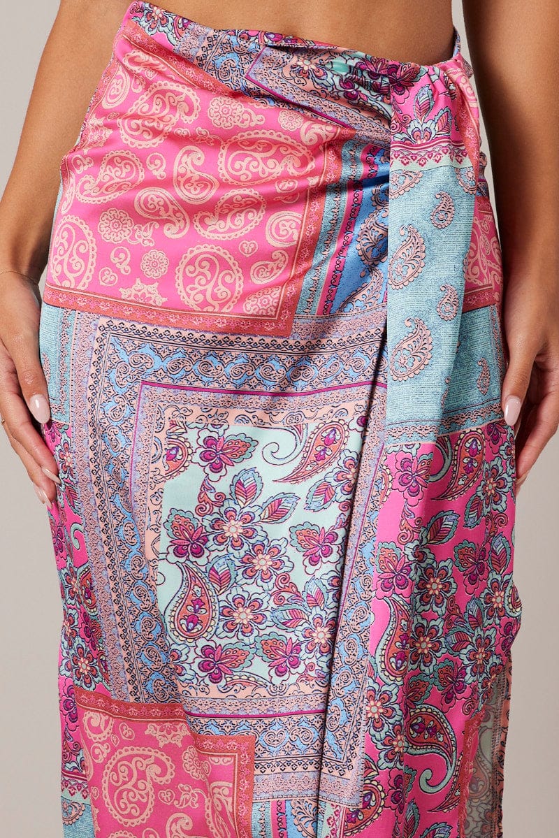 Multi Paisley Scarf Maxi Skirt Gathered Wrap Paisley Satin Skirt - Image 6