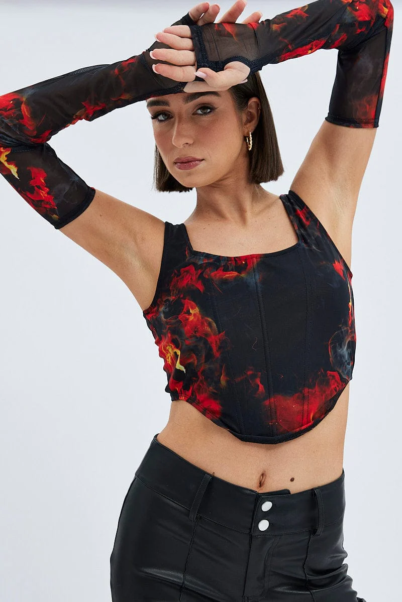 Multi Print Corset & Long Sleeve Set Scoop Neck Semi-Crop Mesh - Image 2