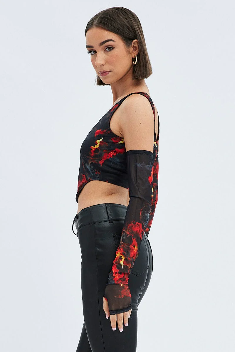 Multi Print Corset & Long Sleeve Set Scoop Neck Semi-Crop Mesh - Image 4