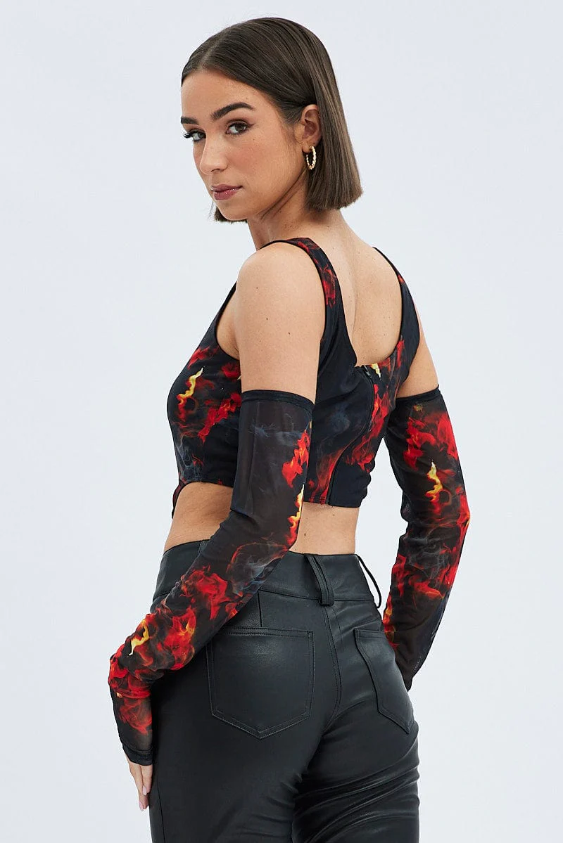 Multi Print Corset & Long Sleeve Set Scoop Neck Semi-Crop Mesh - Image 5