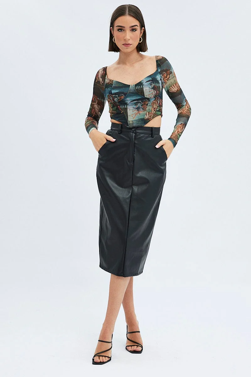 Multi Print Crop Top Long Sleeve Sweetheart Mesh Shirred - Image 2