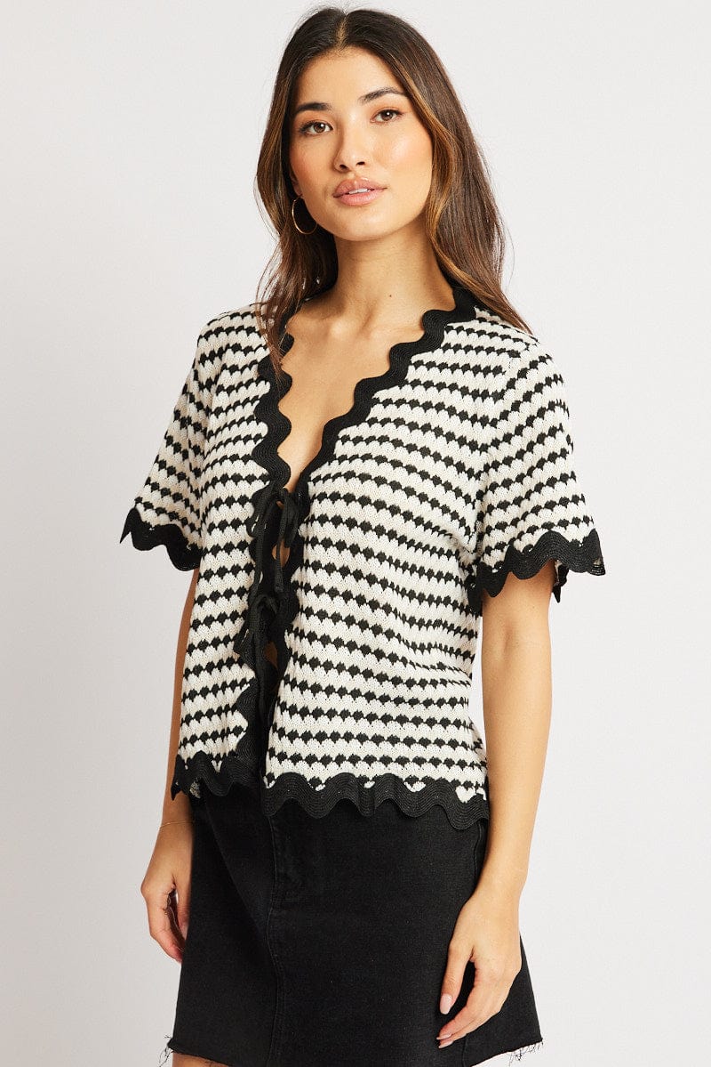 Multi Stripe Knit Cardigan Short Sleeve Tie Up - Image 4
