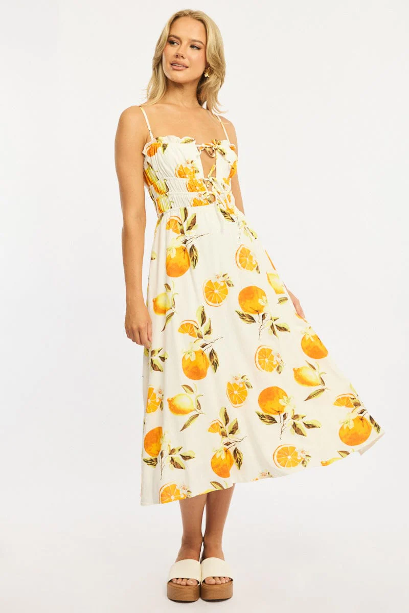 Orange Abstract Midi Dress Ribbon Detail Strappy