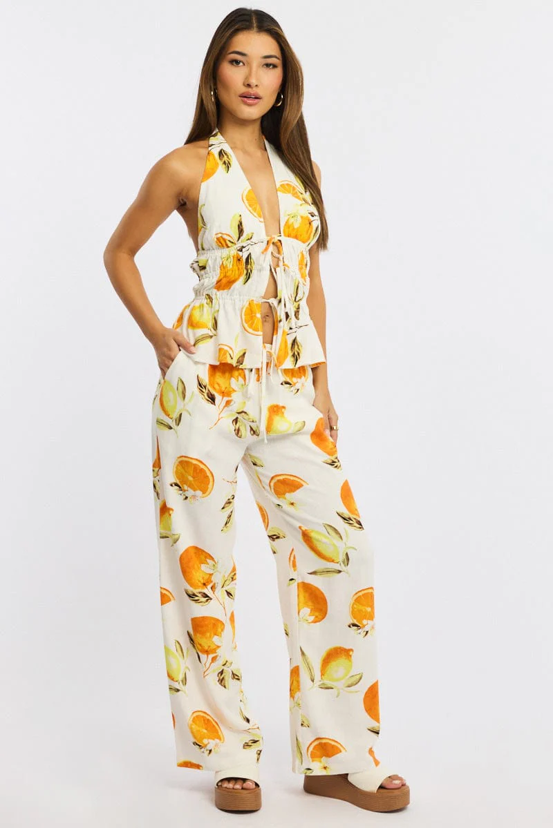 Orange Abstract Wide Leg Pants Elasticated Waist