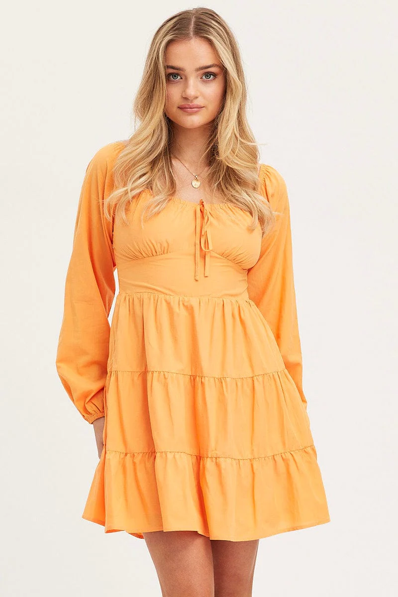Orange Fit And Flare Dress Long Sleeve Square Neck - Image 3