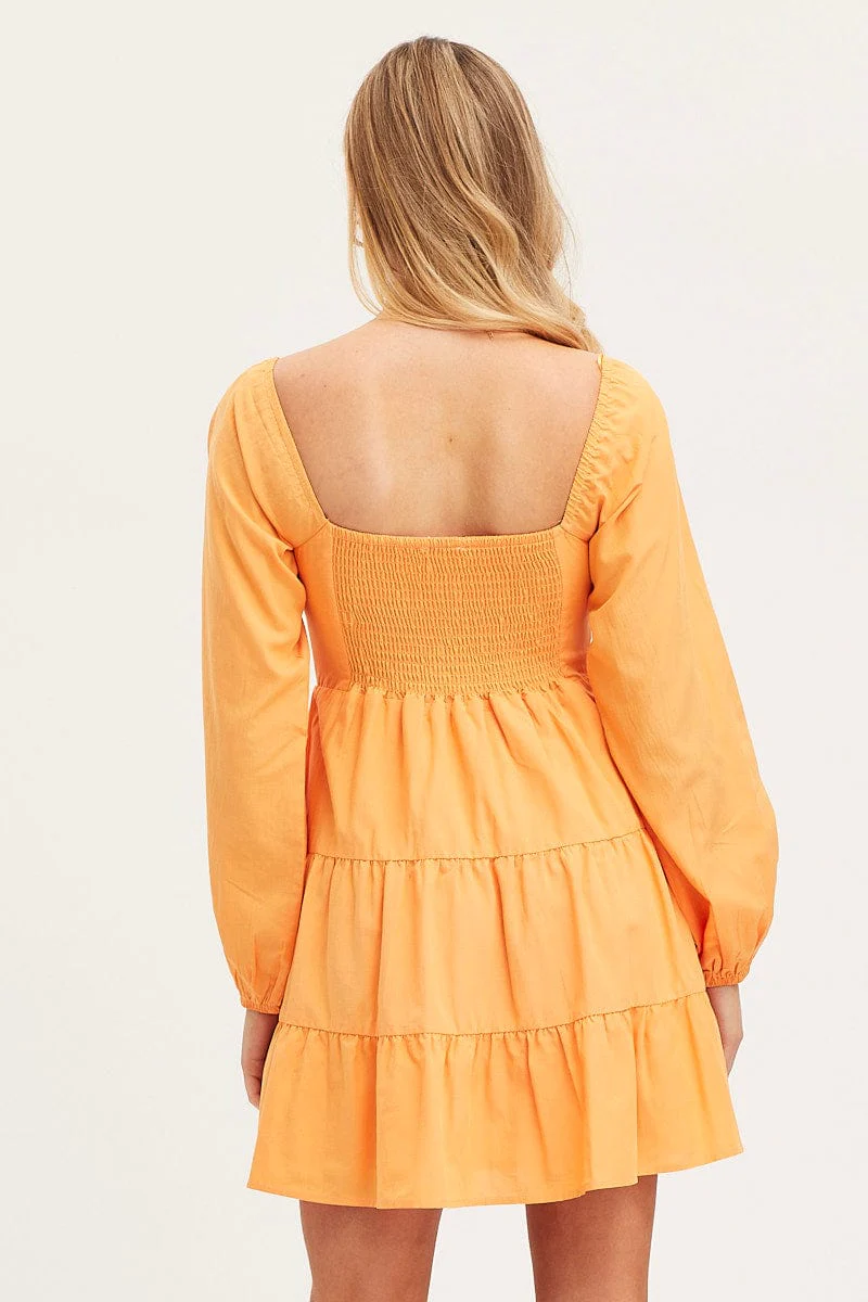 Orange Fit And Flare Dress Long Sleeve Square Neck - Image 5