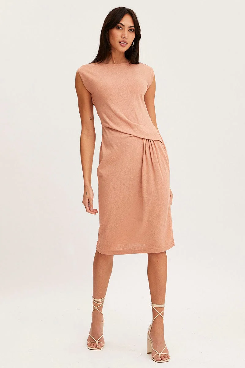 Orange Midi Dress Short Sleeve Round Neck - Image 3