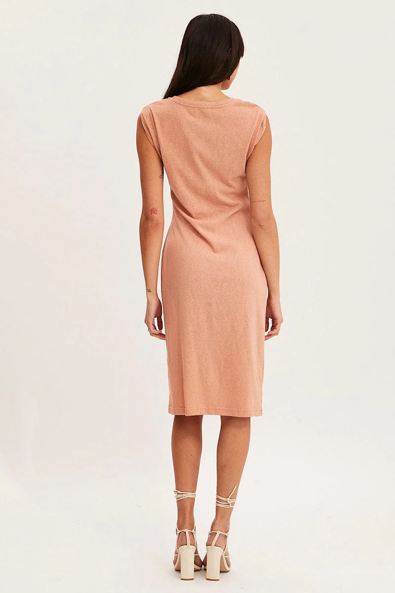 Orange Midi Dress Short Sleeve Round Neck - Image 5