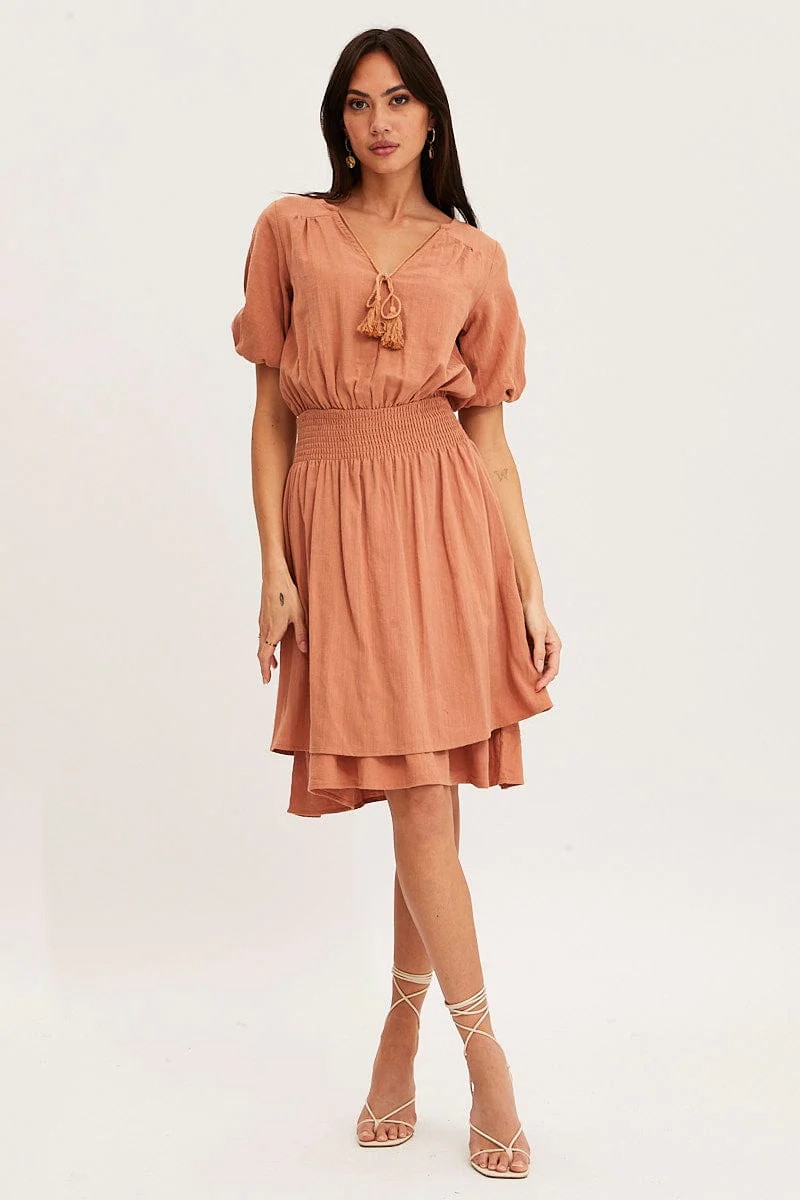 Orange Midi Dress Short Sleeve V Neck - Image 2