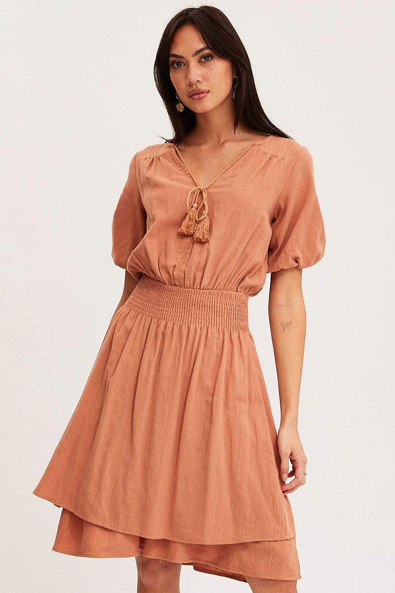 Orange Midi Dress Short Sleeve V Neck - Image 3